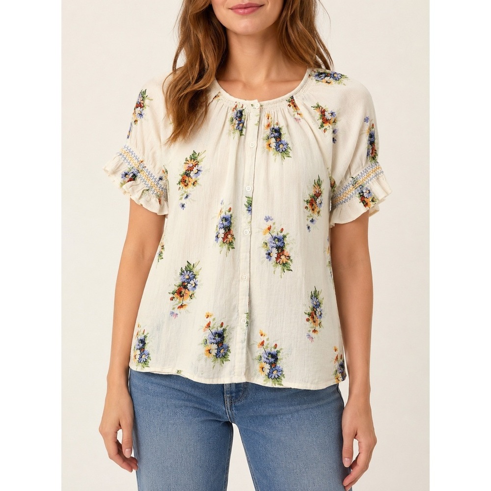 Madewell Classic Corsage Floral Smocked Cotton Blouse XXS Cottagecore